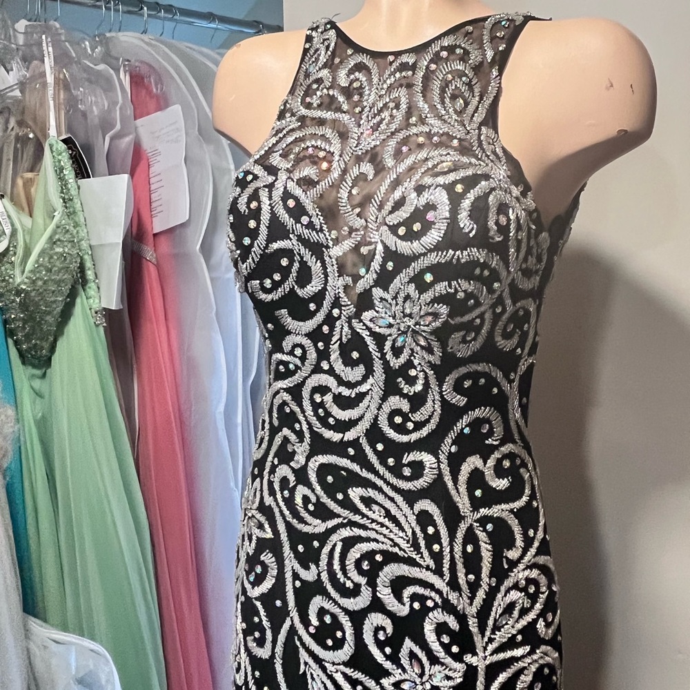 Black Dress with Silver Beaded Swirls. Size 6.